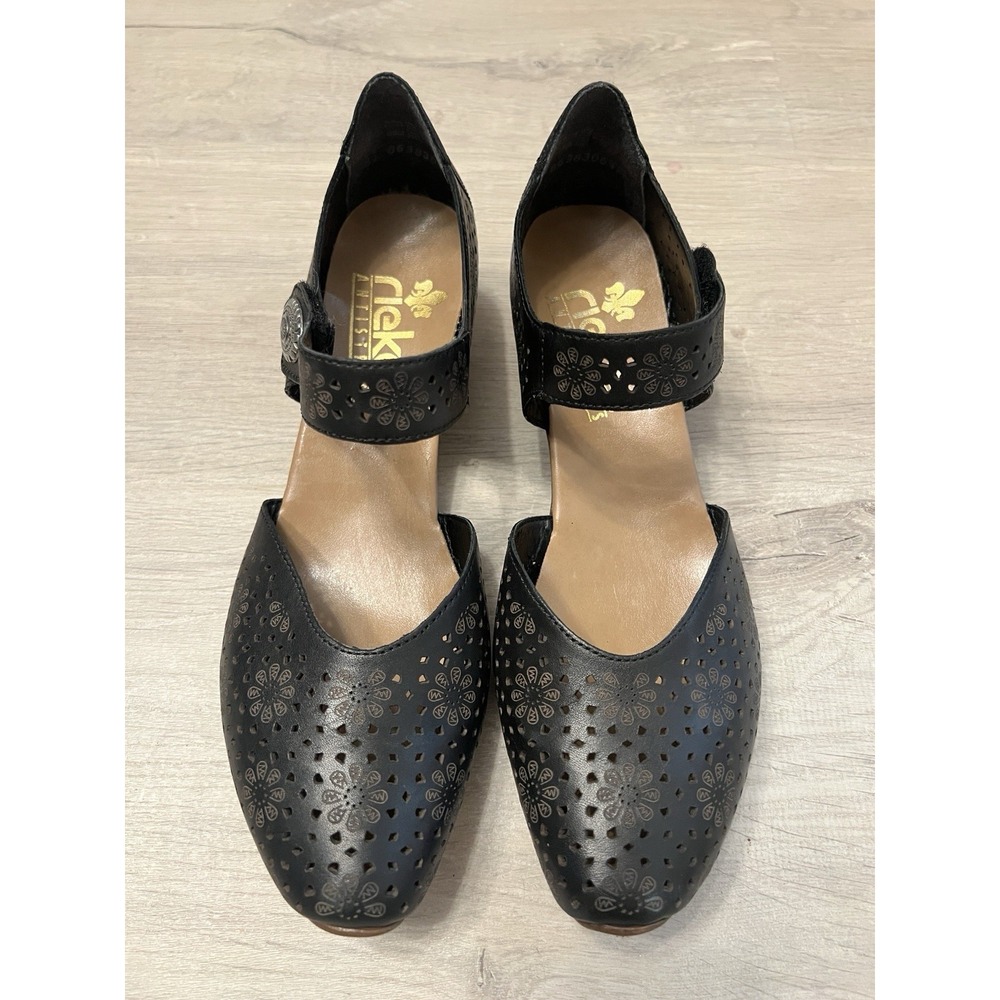 Rieker Women size 39 Black Leather Mary Jane Shoe Anti Stress Floral Print